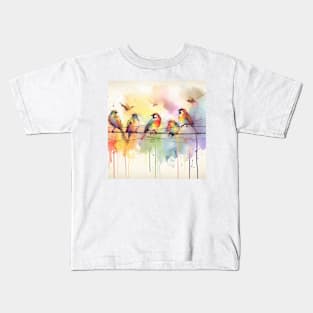 Cute brightly colored birds on a wire Kids T-Shirt